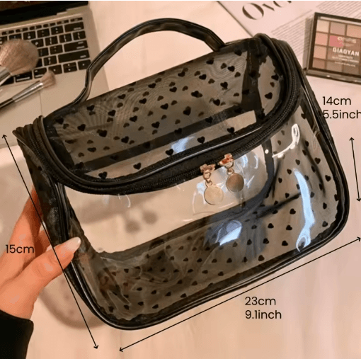 Large-Capacity Heart Mesh Makeup Bag – Frosted Transparent Cosmetic Travel Pouch