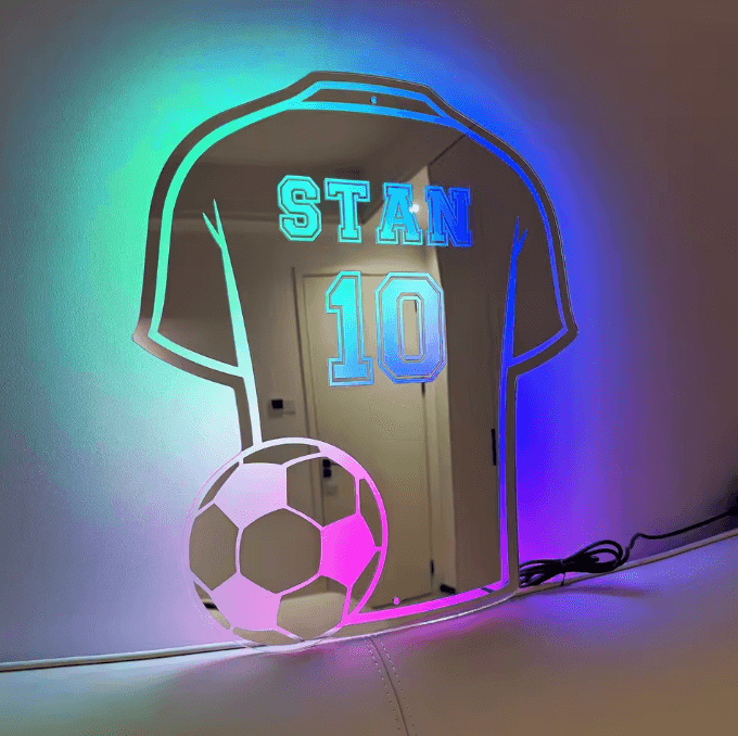 Custom Football Shirt LED Mirror – Personalized Jersey Wall Light for Man Cave & Sports Room Decor