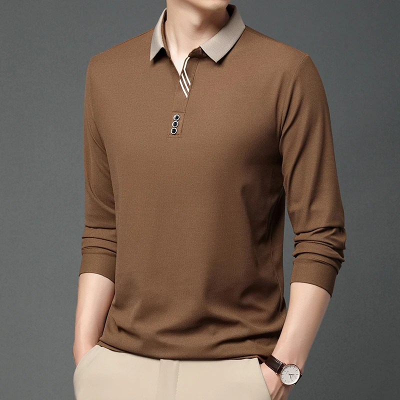 Stylish Men's Business Casual Polo Shirt, Breathable Long Sleeved Top, Comfortable Solid Color Shirt