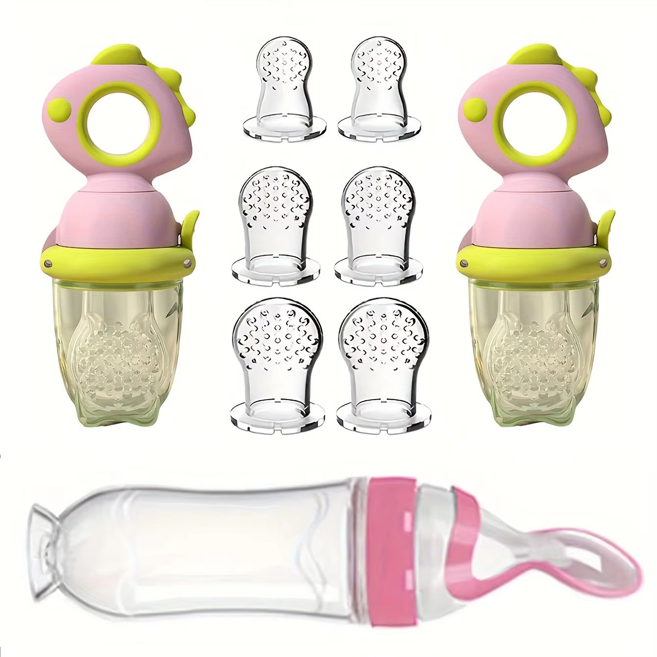 9-Piece Silicone Baby Feeding Set with Dinosaur Rotating Fruit Feeder, Squeeze Bottle and S/M/L Silicone Bags