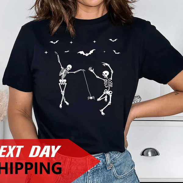 Dancing Skeleton Halloween Shirt – Funny Spooky Skeleton Graphic Tee Easy Costume Top