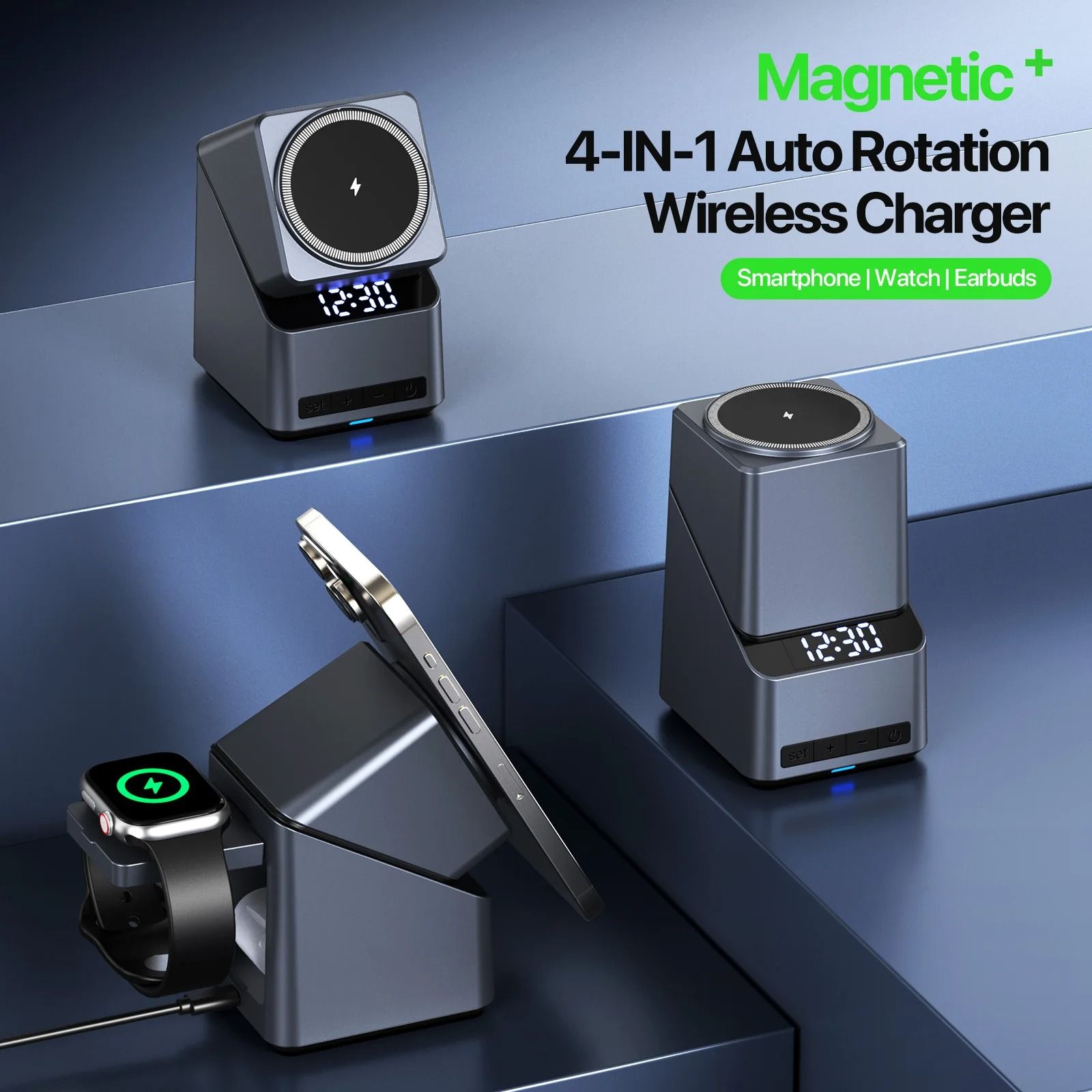 4-in-1 Auto-Rotation Wireless Charging Station – High-Speed Magnetic Dock with Digital Clock