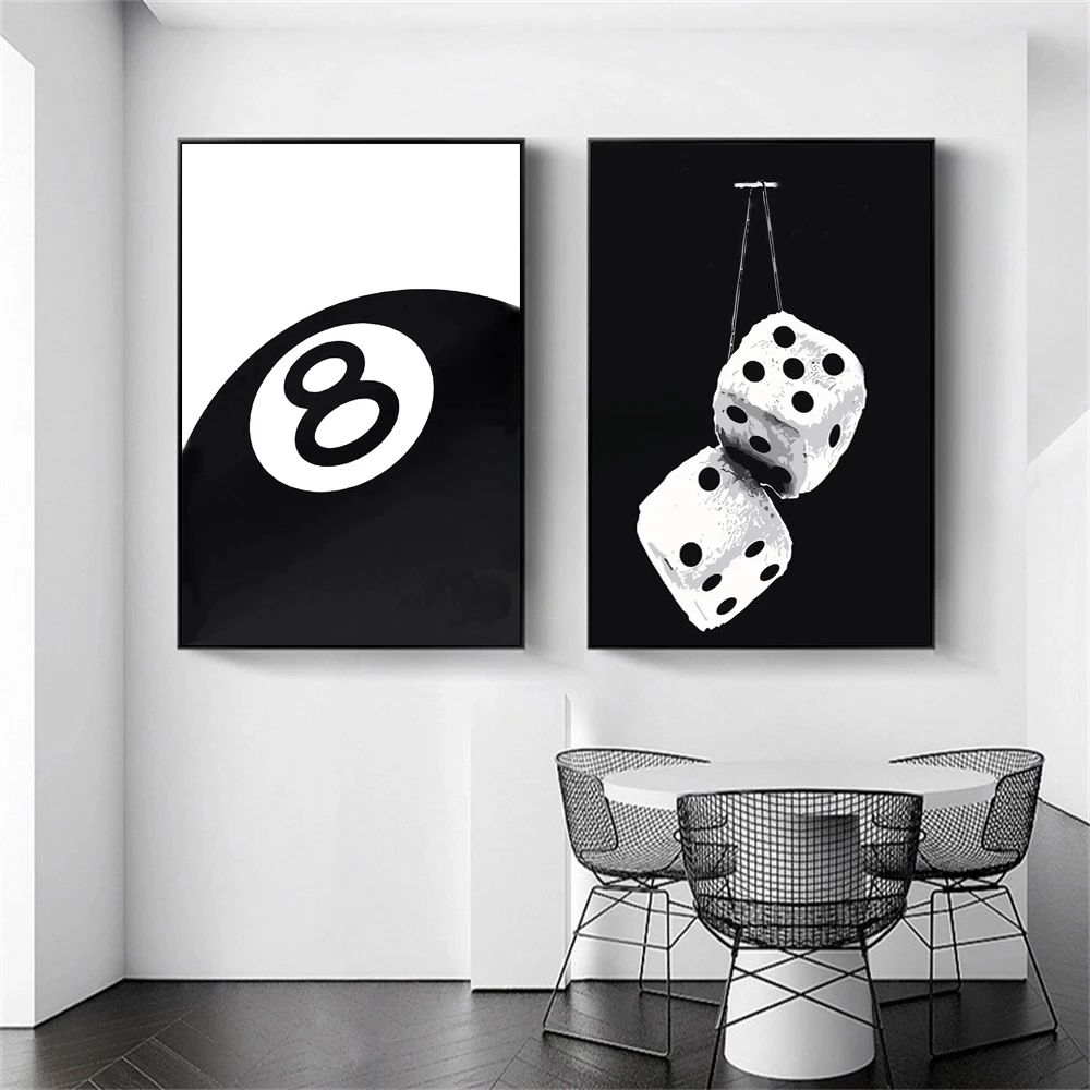 Black and White 8 Ball Billiards Canvas Wall Art Modern Pool Room Decor Poster
