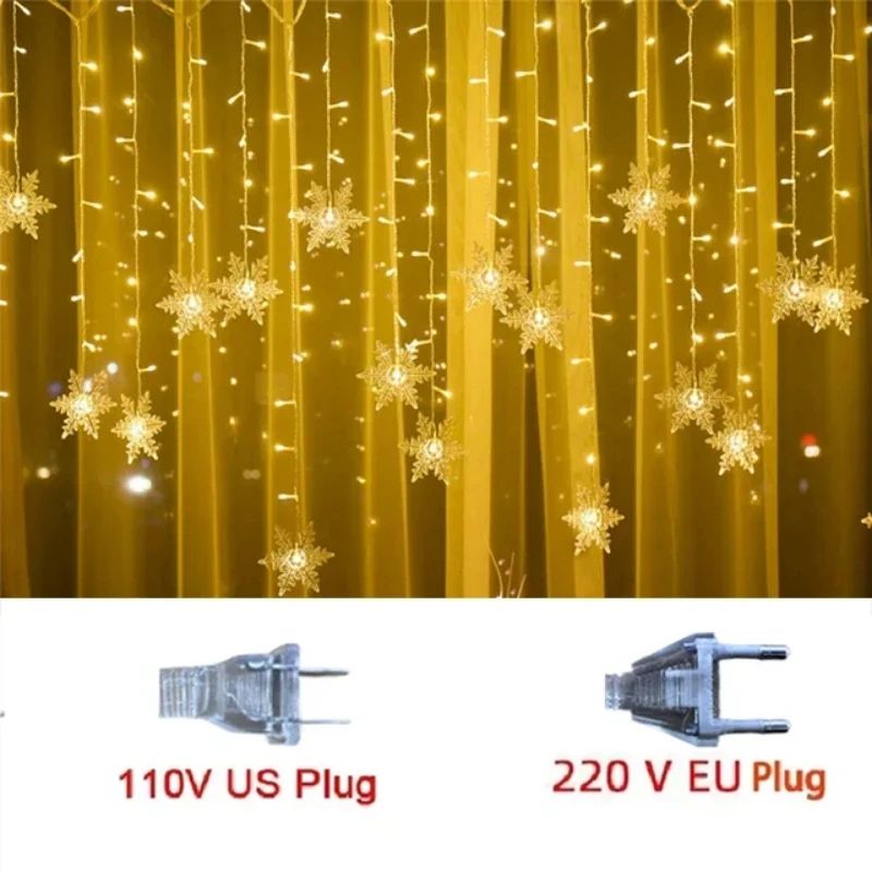 Christmas Snowflake LED Curtain String Lights – Flashing Holiday Fairy Garland