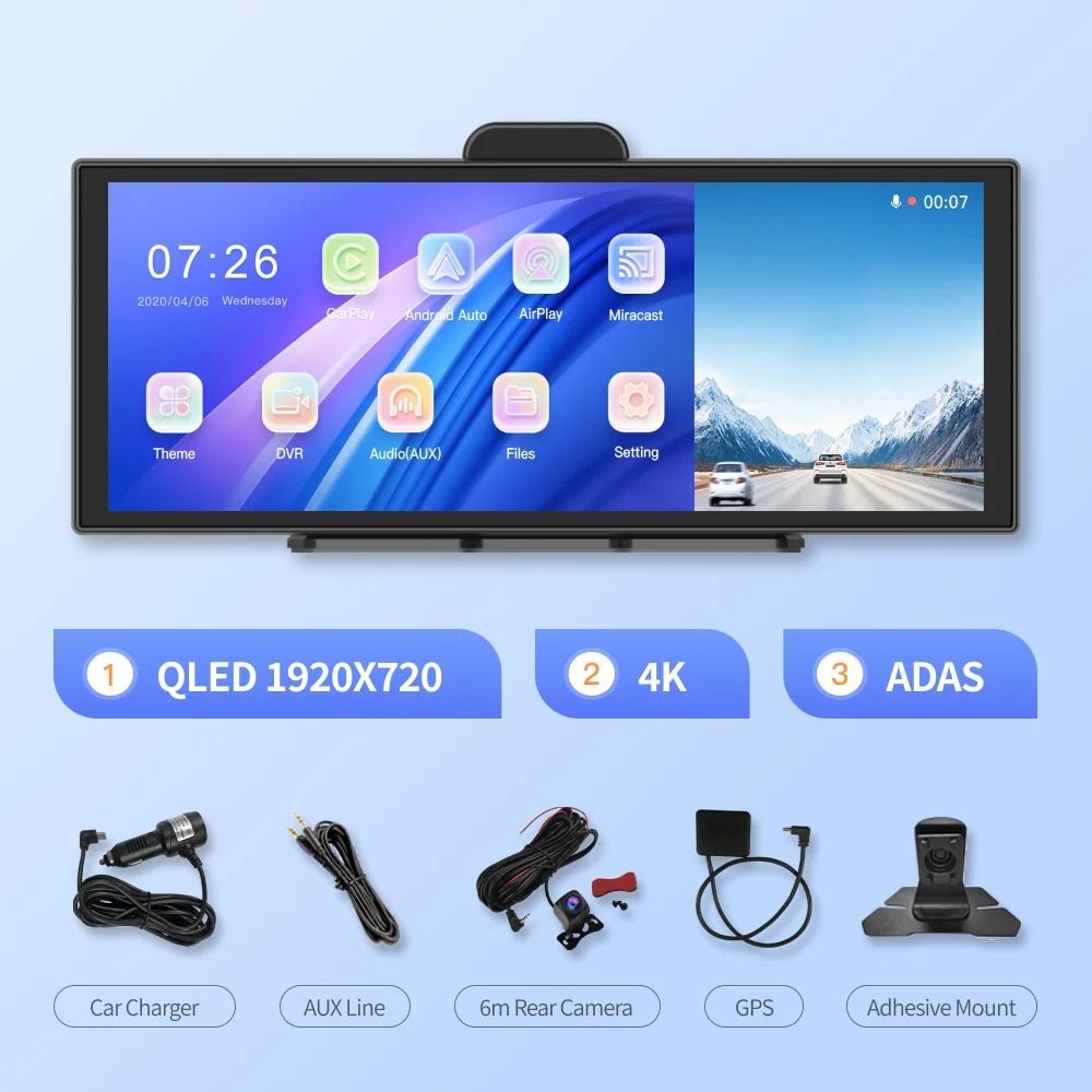 11.4 inch 4K Dash Cam with Wireless CarPlay and Android Auto