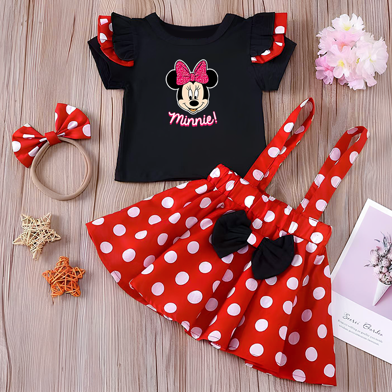 Minnie Mouse Girl Set, Summer Birthday Costume, Baby Clothing Set with Polka Dot Suspender Skirt and Bow Headband Skirt