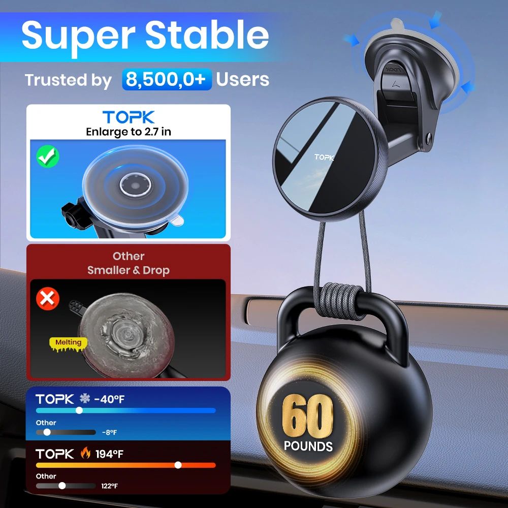 TOPK MagSafe Magnetic Car Phone Mount with Strong Suction Cup & Adjustable Long Arm