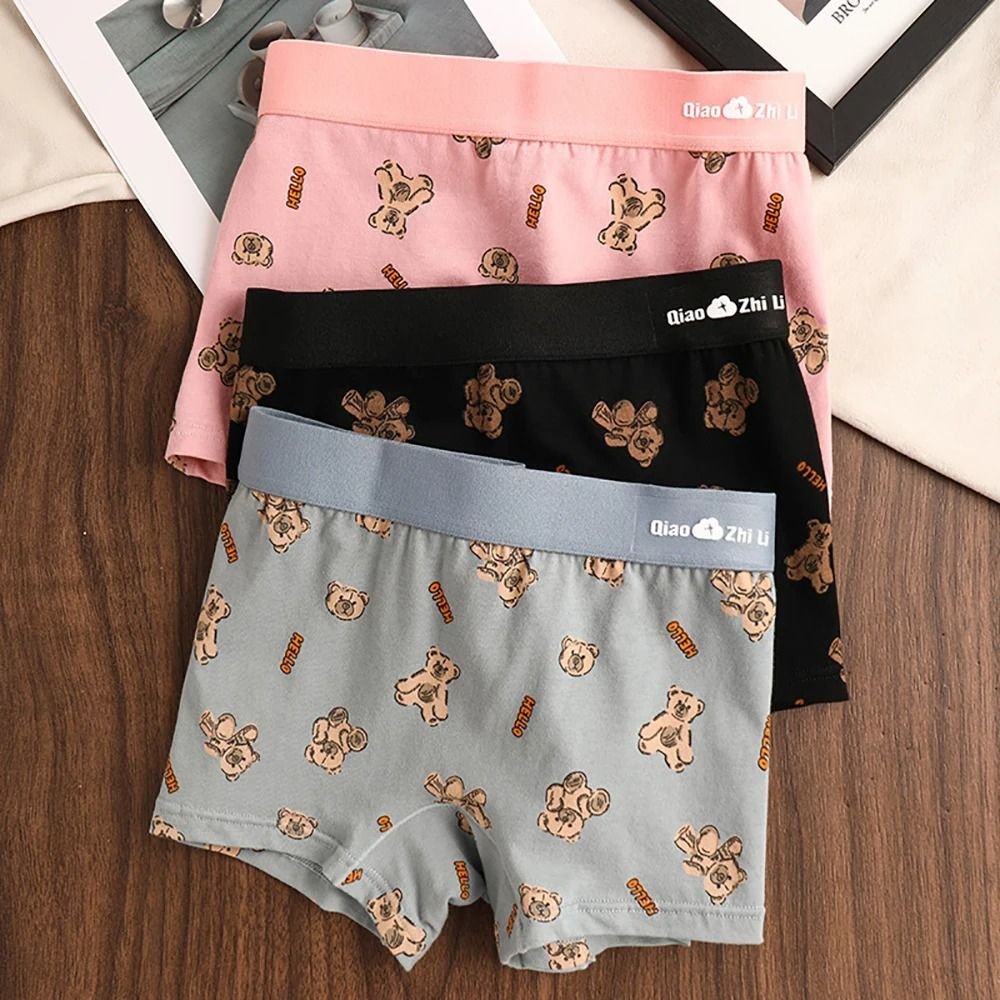 Womens Cotton Bear Print Panties Three Pack for Autumn and Winter Comfort