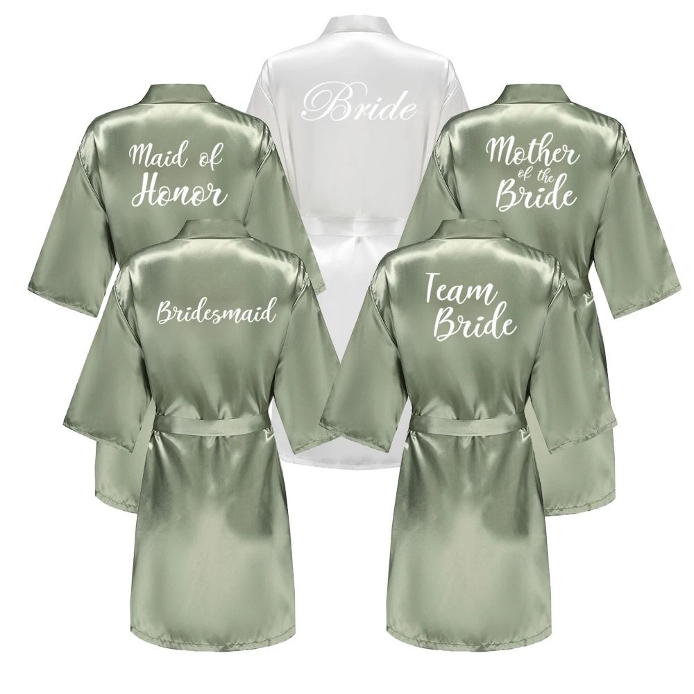 Grass Green Satin Bride and Bridesmaid Short Robe for Wedding Party