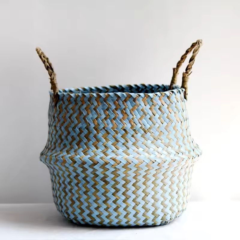 Boho Wicker Storage Basket – Handmade Collapsible Seaweed Laundry & Flower Pot Basket