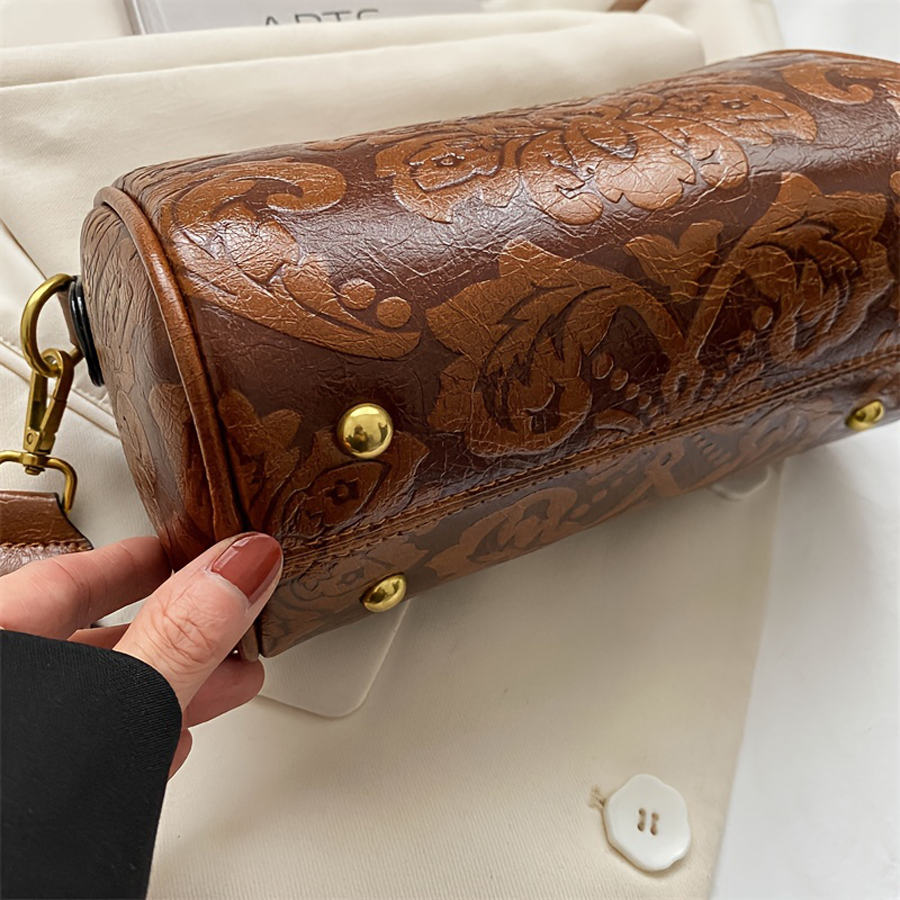 Fashionable Chinese Style Retro Womens Cylindrical Shoulder Crossbody Bag Embossed & Chic