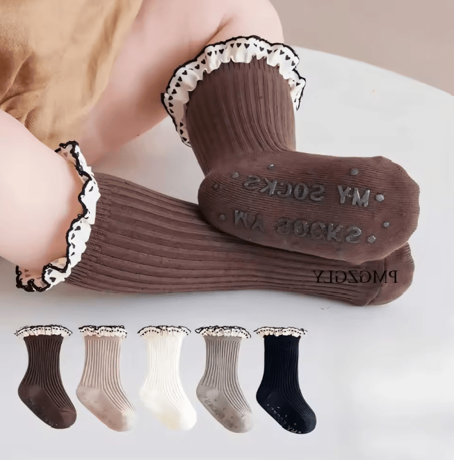 Girls Ruffle Calf Socks Non Slip Princess Heart Floor Socks