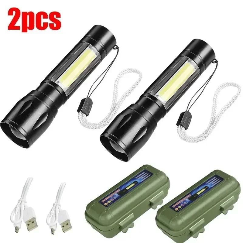 USB Rechargeable Mini COB and XPE LED Flashlight with Zoom and Pen Clip