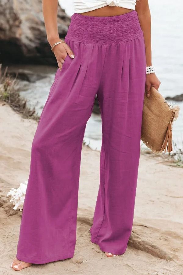 Women Drawstring Wide Leg Casual Pants Mid Waist Beach Trousers
