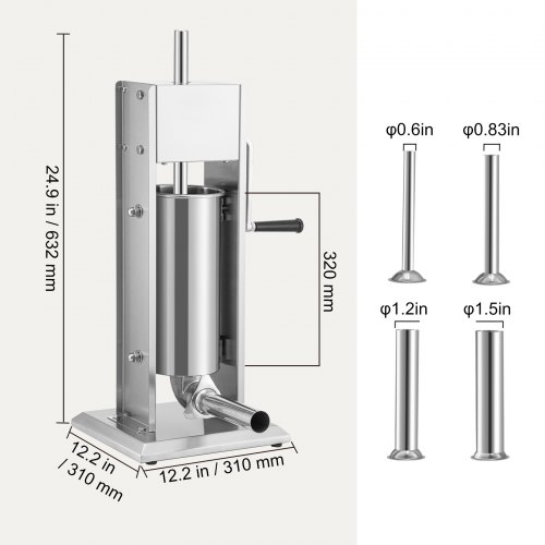 Vertical Manual Sausage Stuffer, Stainless Steel Sausage Filling Machine with Tubes, Suction Base