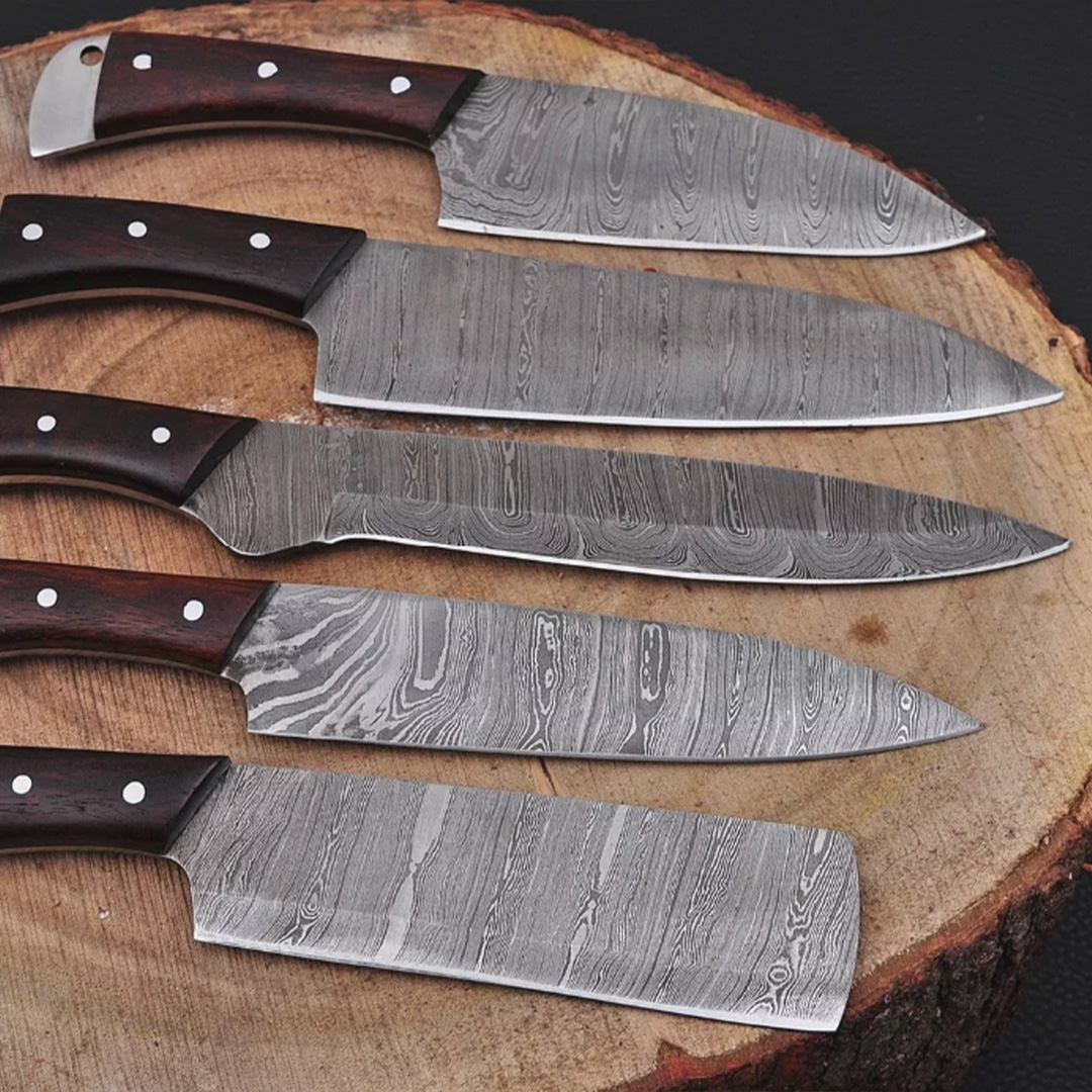 Custom Handmade Forged Carbon Steel Chef Knives Sets with Natural Wood