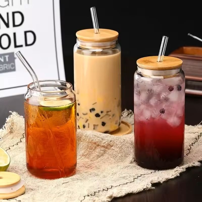 Glass Straw Cup with Dustproof Wooden Lid