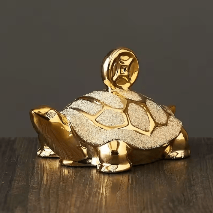 Golden Money Turtle Ceramic Figurine – Feng Shui Longevity Desk & Home Decor