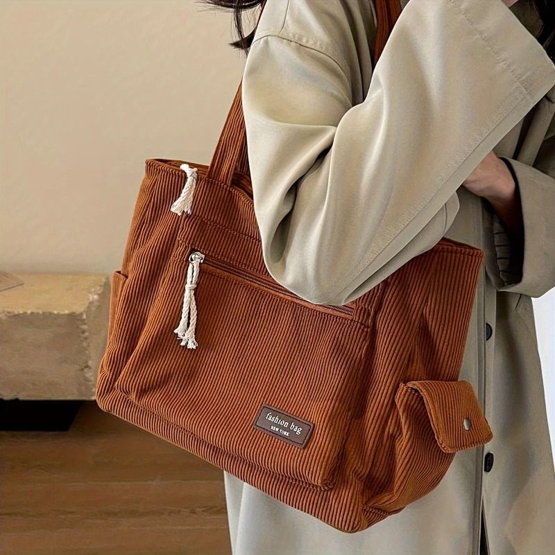 Simple Corduroy Retro Multi-Pocket Tote Bag