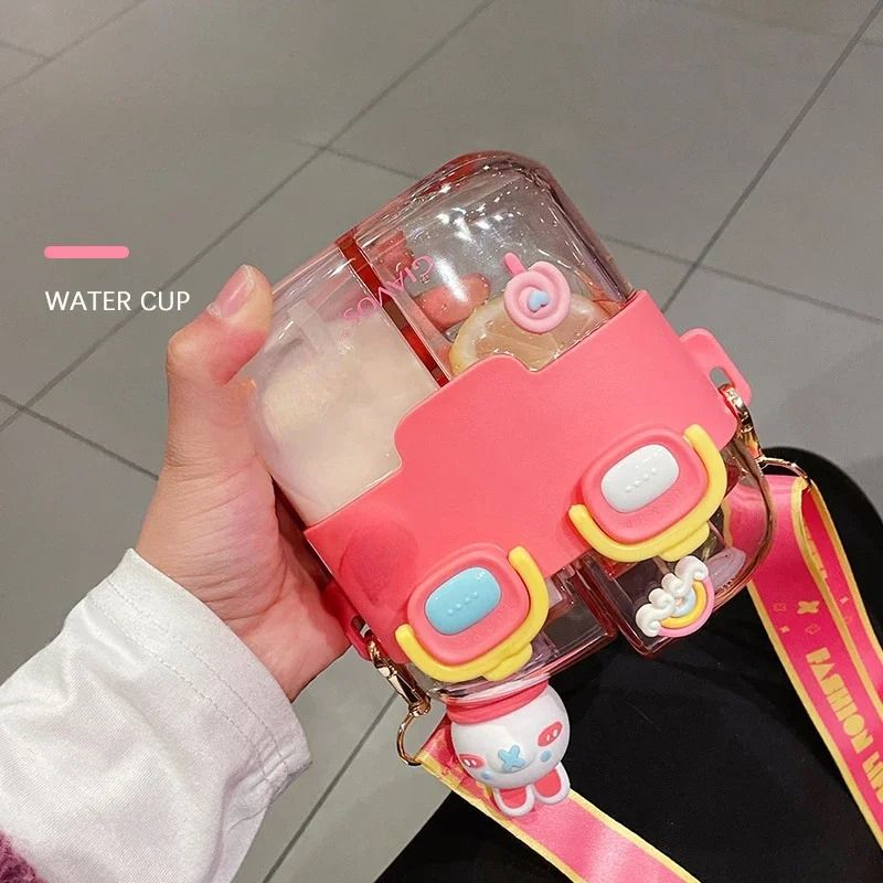 Large Capacity Kids Water Bottle with Straw Double Compartment Cartoon Design