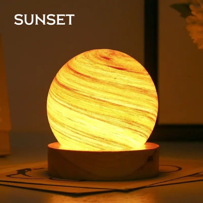 USB Powered 3D Moon Glass Night Lamp with Wooden Stand