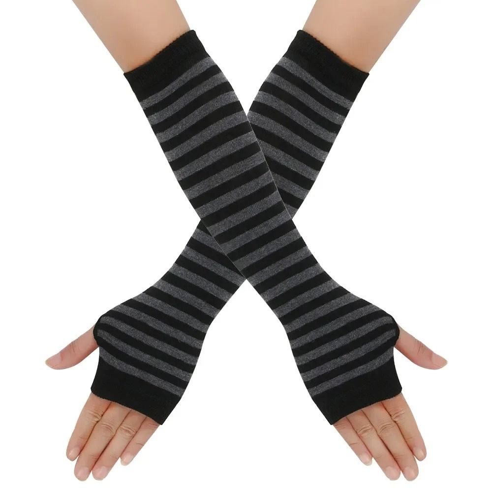 Warmer Knitted Long Fingerless Gloves Lady Striped Elbow Mittens