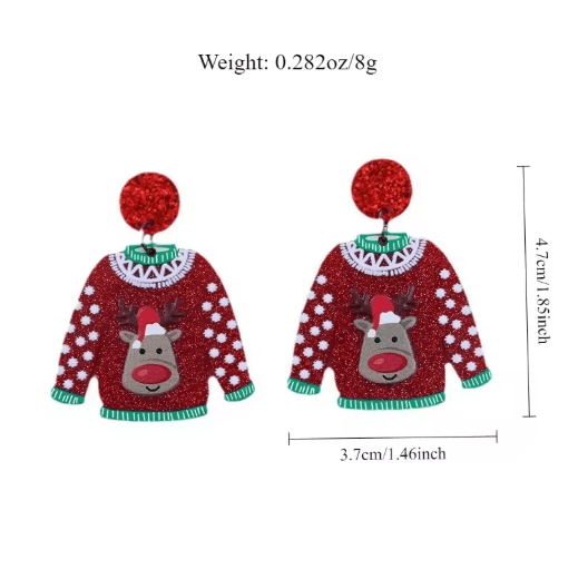 Festive Christmas Sweater Earrings Acrylic Santa and Snowflake Holiday Dangle Earrings