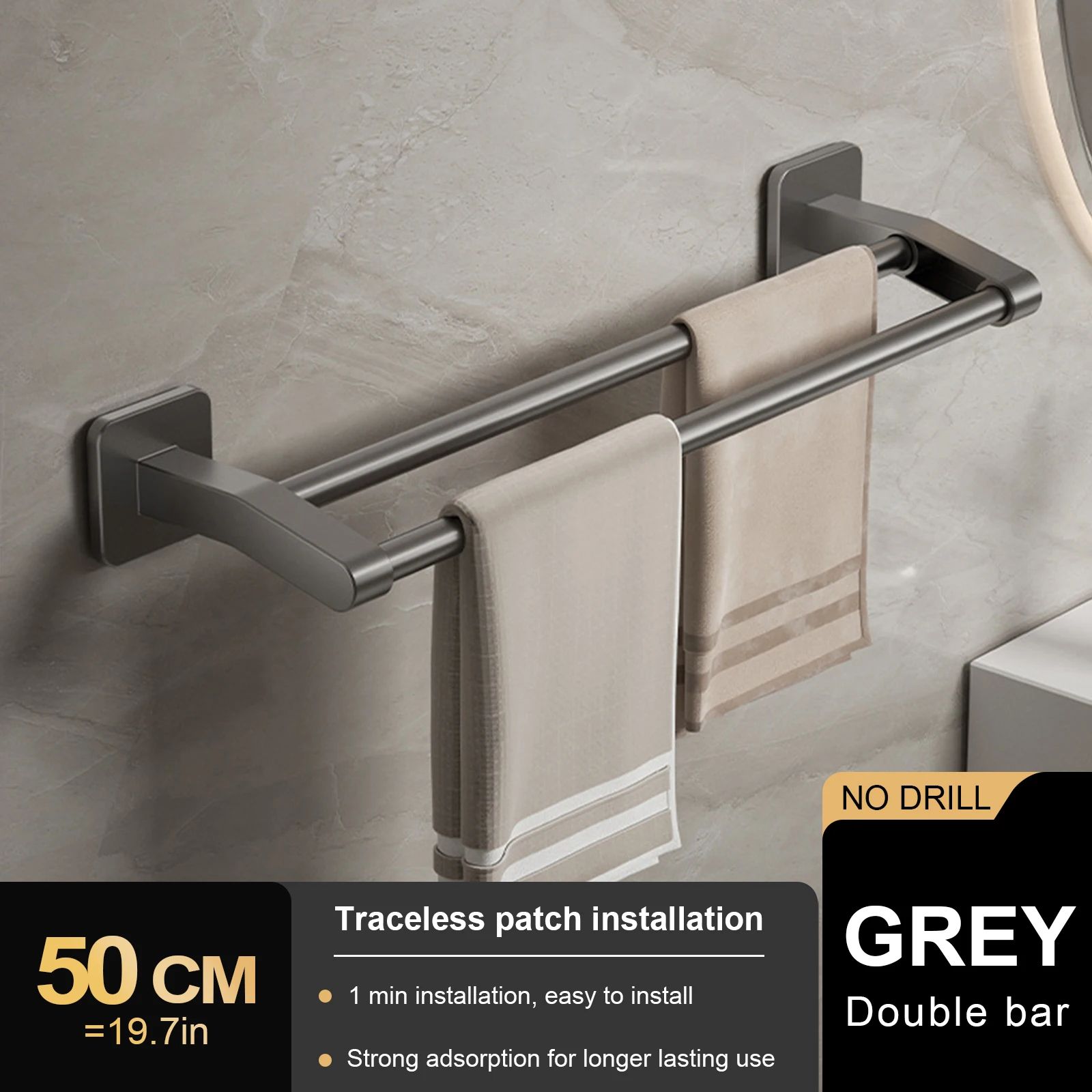 Wall Mount Double Towel Rack – No Drill ABS 2-Tier Bathroom Towel Bar