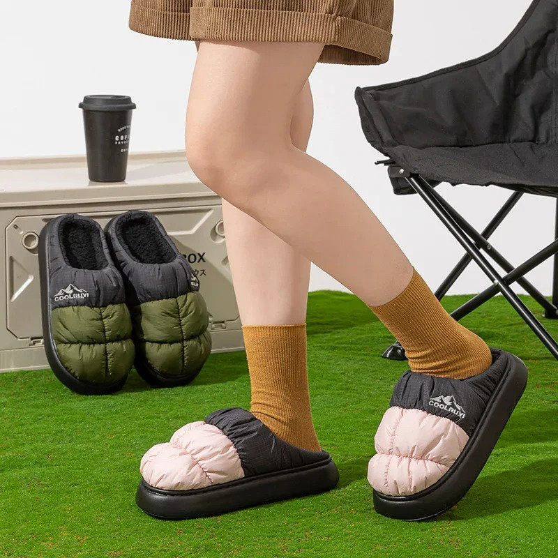 Waterproof Women Slippers with Thick Sole, Fashion Mix Color Non Slip Cotton Shoes, Comfy Plush Warm Winter Slippers