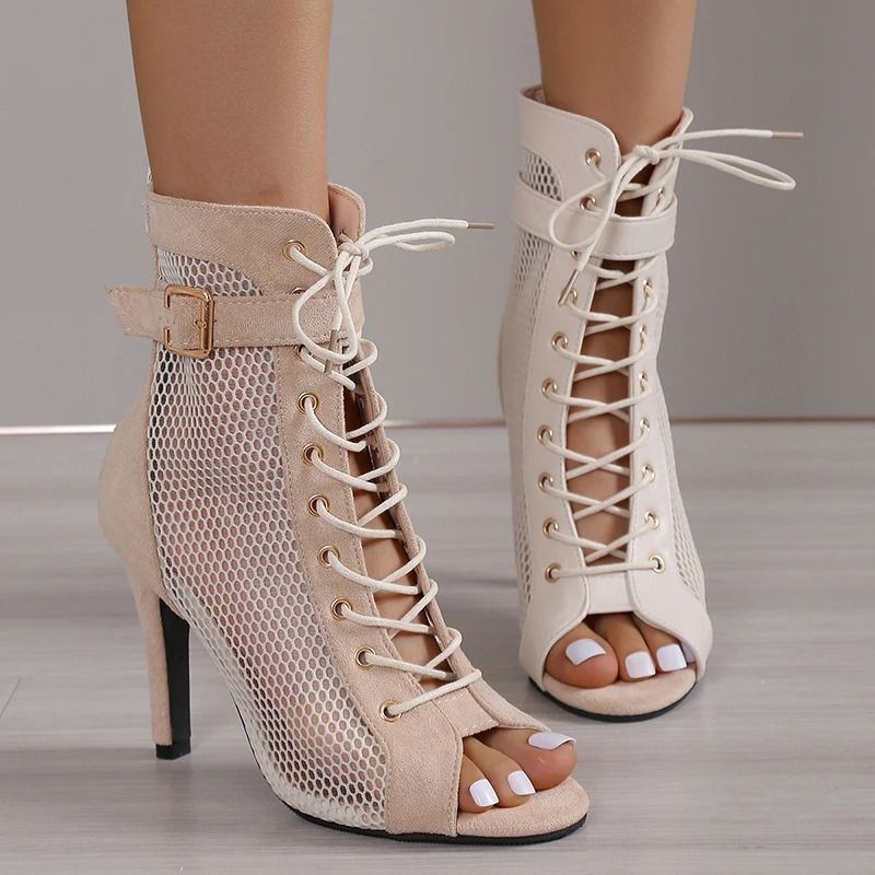Fashion Show Mesh Lace-Up Sandals – Sexy Net Fabric Cross-Strap High Heels