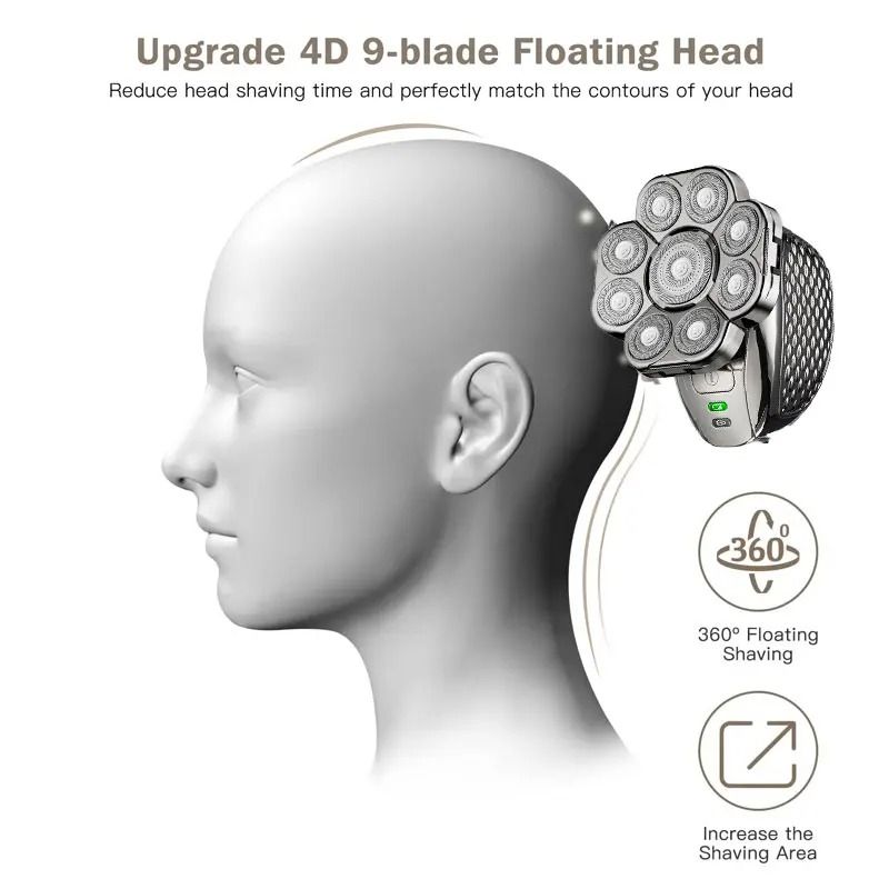 Mens Bald Head Electric Shaver 9 Blade Floating Rechargeable Trimmer with Beard Nose and Ear Attachments