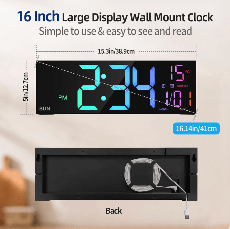 16.2 RGB Large Digital Wall Clock with Remote Control & Dual Alarm Display