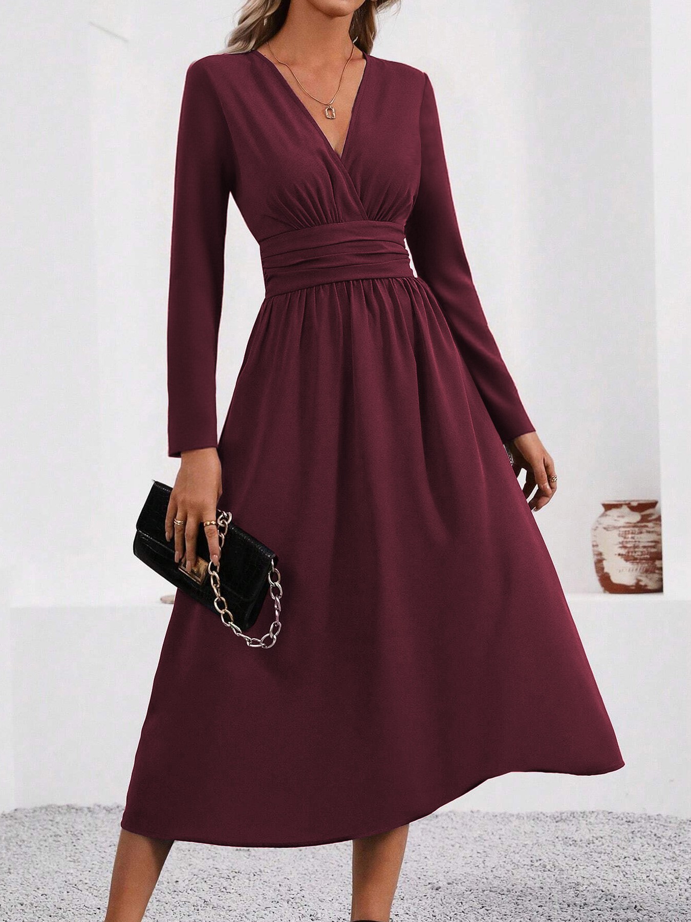 Waist Shirring Bodycon Long Maxi Dress with Fall Winter Overlap V-Neck Design