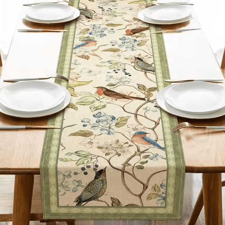 Vintage Floral Bird Linen Table Runner – Farmhouse Botanical Dining Decor