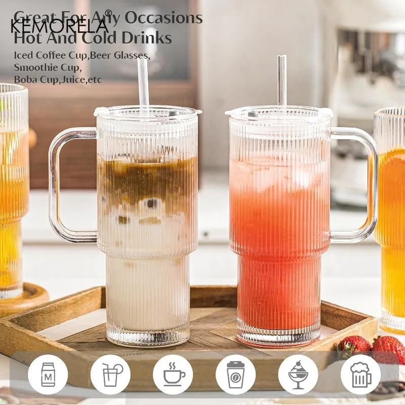 768ML Modern Ribbed Glass Tumbler – High-Performance Clear Coffee Mug with Handle & Lid Set