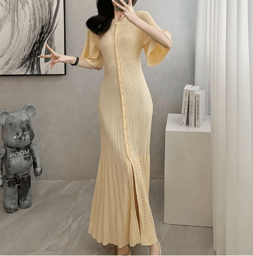 French Elegant Knitted Mermaid Dress Slimming Hollow Fish Tail Midi Dress