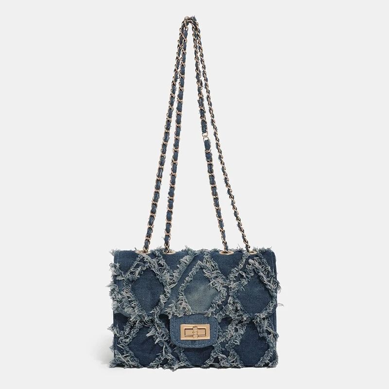 Trendy Shredded Denim Diamond Crossbody Chain Bag