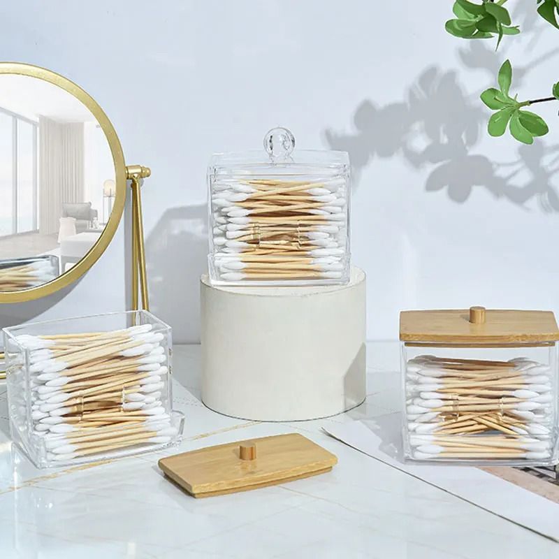 7 Oz Cotton Swab and Pad Holder with Wood Lid