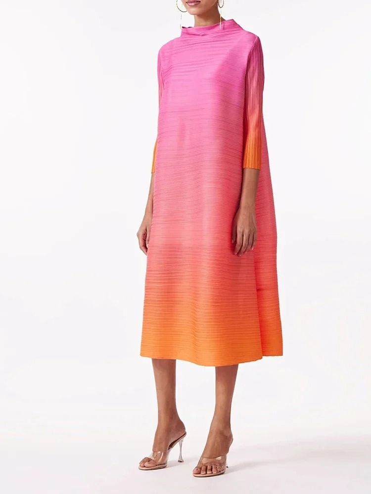 Gradient Pleated High Fashion Mid Calf Dress