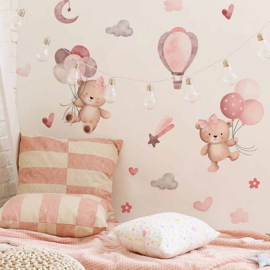 Pink Bear Balloon Wall Stickers for Kids Room Decor Nursery Wall Decals