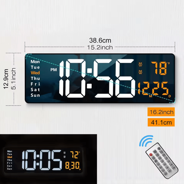 16.2 RGB Large Digital Wall Clock with Remote Control & Dual Alarm Display