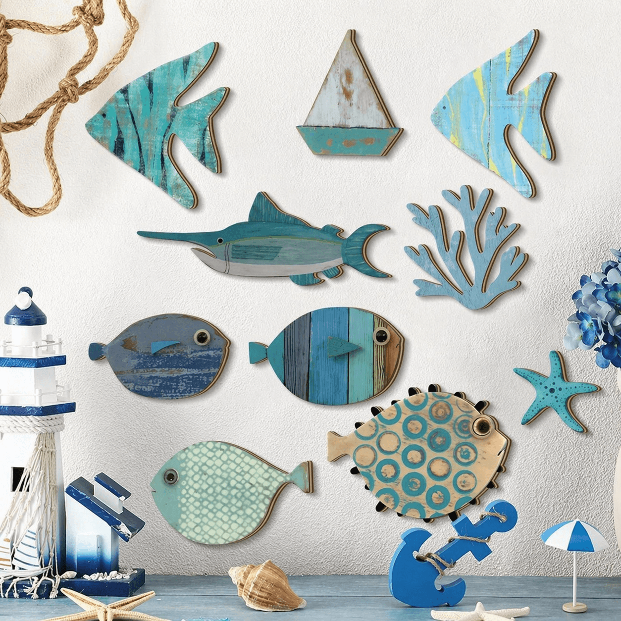 10pcs Wooden Fish Wall Decor Set – Coastal Beach Nautical Hanging Art for Bathroom & Home