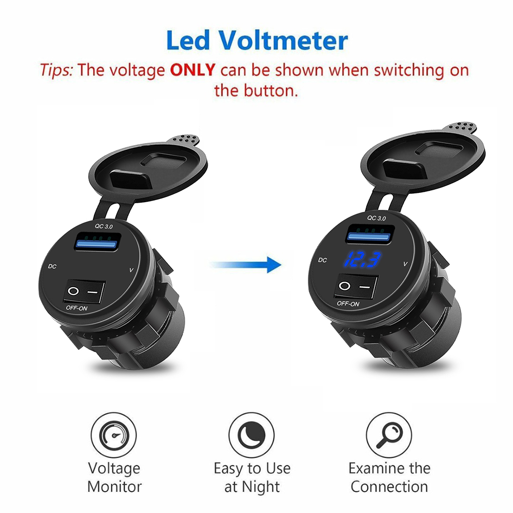Fast Charger 3.0 USB Charging Socket, Waterproof Car USB Outlet, Voltage Display Voltmeter Charger Socket