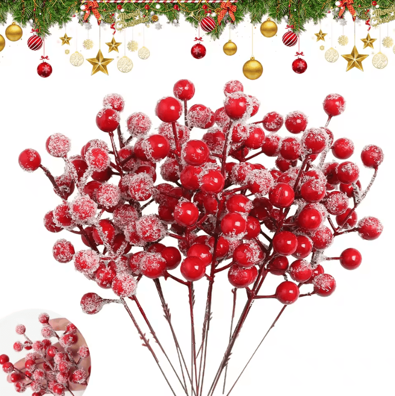 20pcs Artificial Red Berries Stems With Frosted Snow For Christmas Tree Decorations And Festive Holiday DIY Crafts