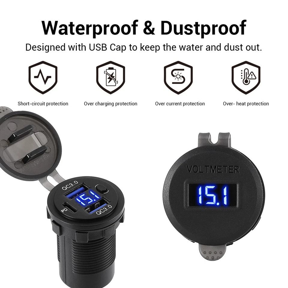 Car Fast Charger, PD QC Dual USB Power Socket Outlet with LED Voltmeter, Waterproof, Charging Power