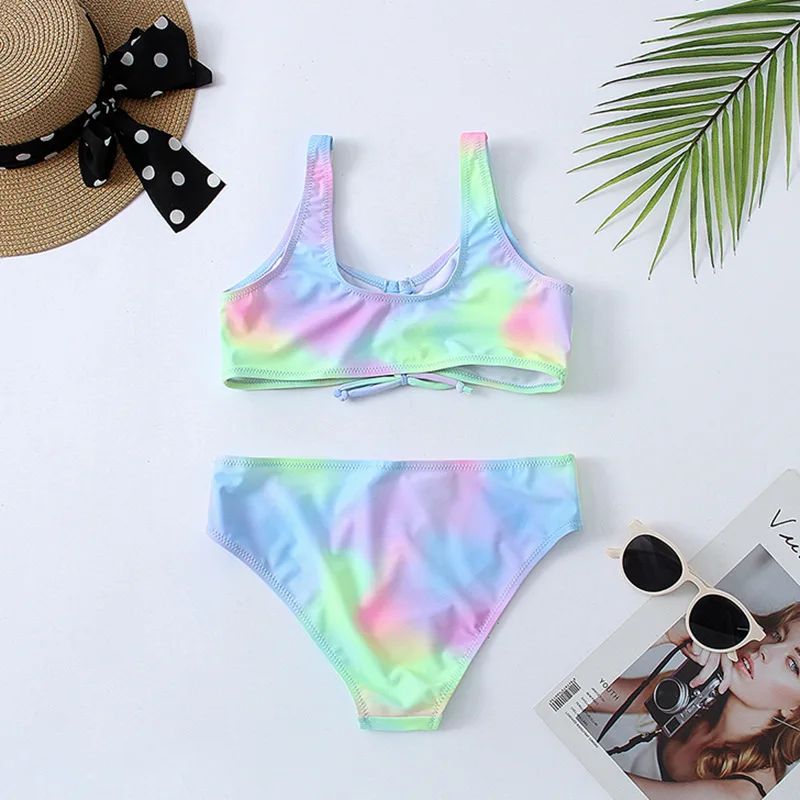 Tie Dye Girls Swimsuit Kids, Two Piece Children's Swimwear, Ruched Front Bikini Set Teen Bathing Suit Beachwear
