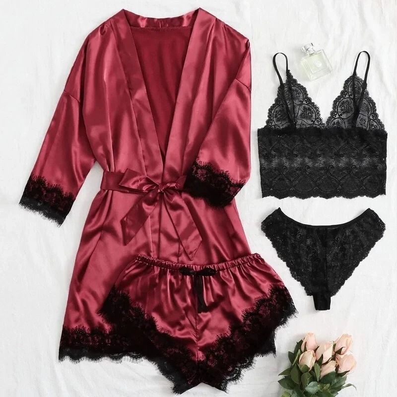 Womens Fashion Print Satin Pajama Set – Sexy Lace Trim Faux Silk Gown & Skin-Friendly Loungewear