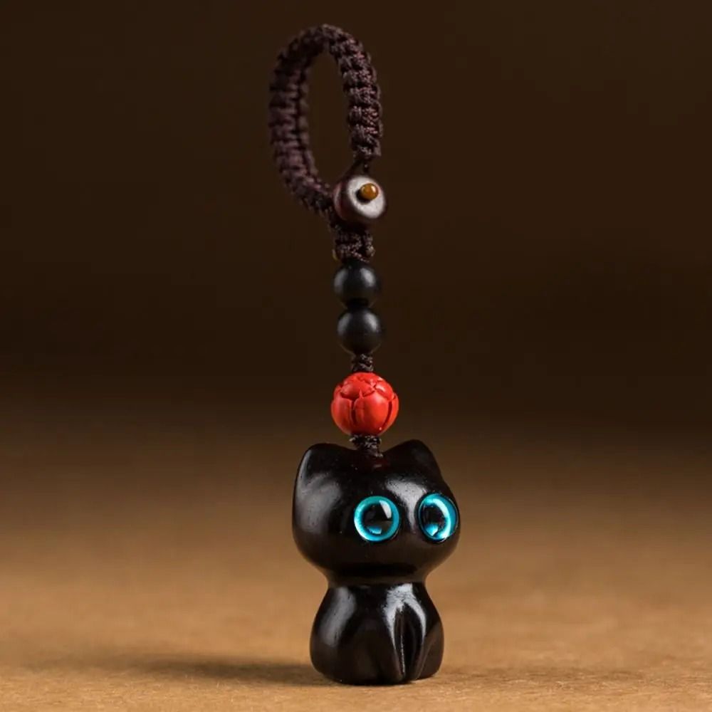 Creative Cute Cat Shape Lucky Blessing Charm Sandalwood Keychain Pendant
