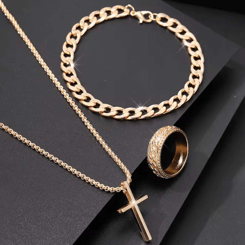 Mens 3-Piece mens jewelry set Alloy Cross Pendant Necklace, Bracelet and Ring Combo