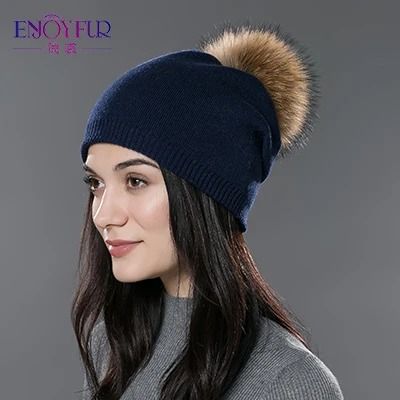 Wool Knit Beanie with Real Fur Pom Pom